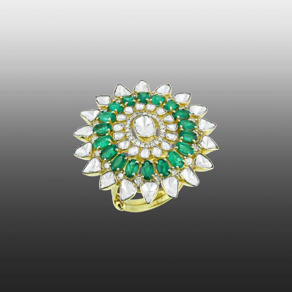 Floral Polki Ring with Green Accents and Sunburst Design